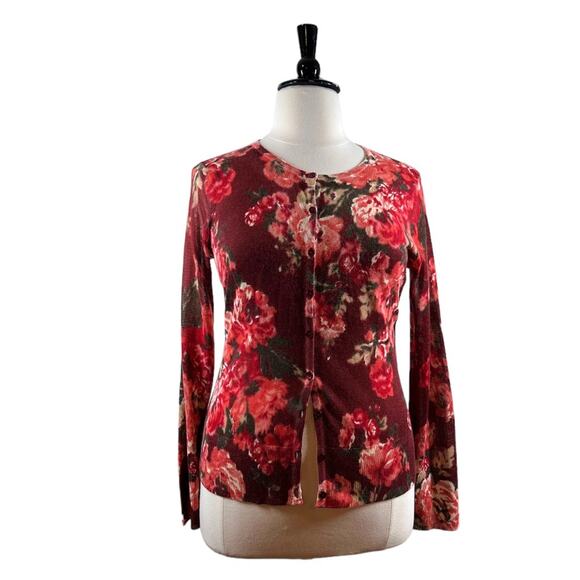 LOFT Cardigan Sweater Button Up Long Sleeve Burgundy Pink Floral Women’s Size XL - Picture 10 of 10
